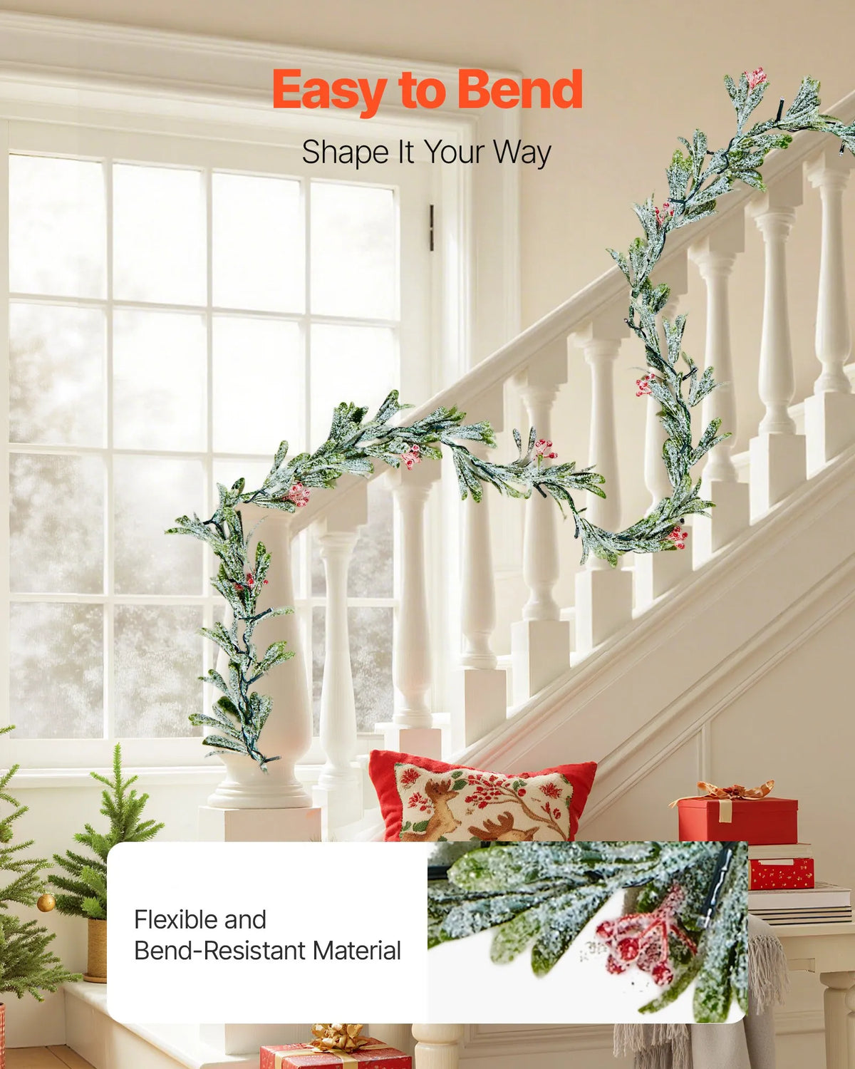 VEVOR 6.6-Ft Christmas Garland with 20 LED Lights, Artificial Greenery with Olive Leaves, Vines and Red Berries for Mantel and Fireplace
