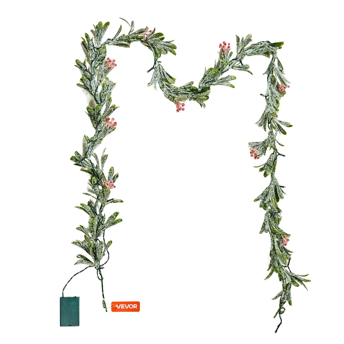 VEVOR 6.6-Ft Christmas Garland with 20 LED Lights, Artificial Greenery with Olive Leaves, Vines and Red Berries for Mantel and Fireplace