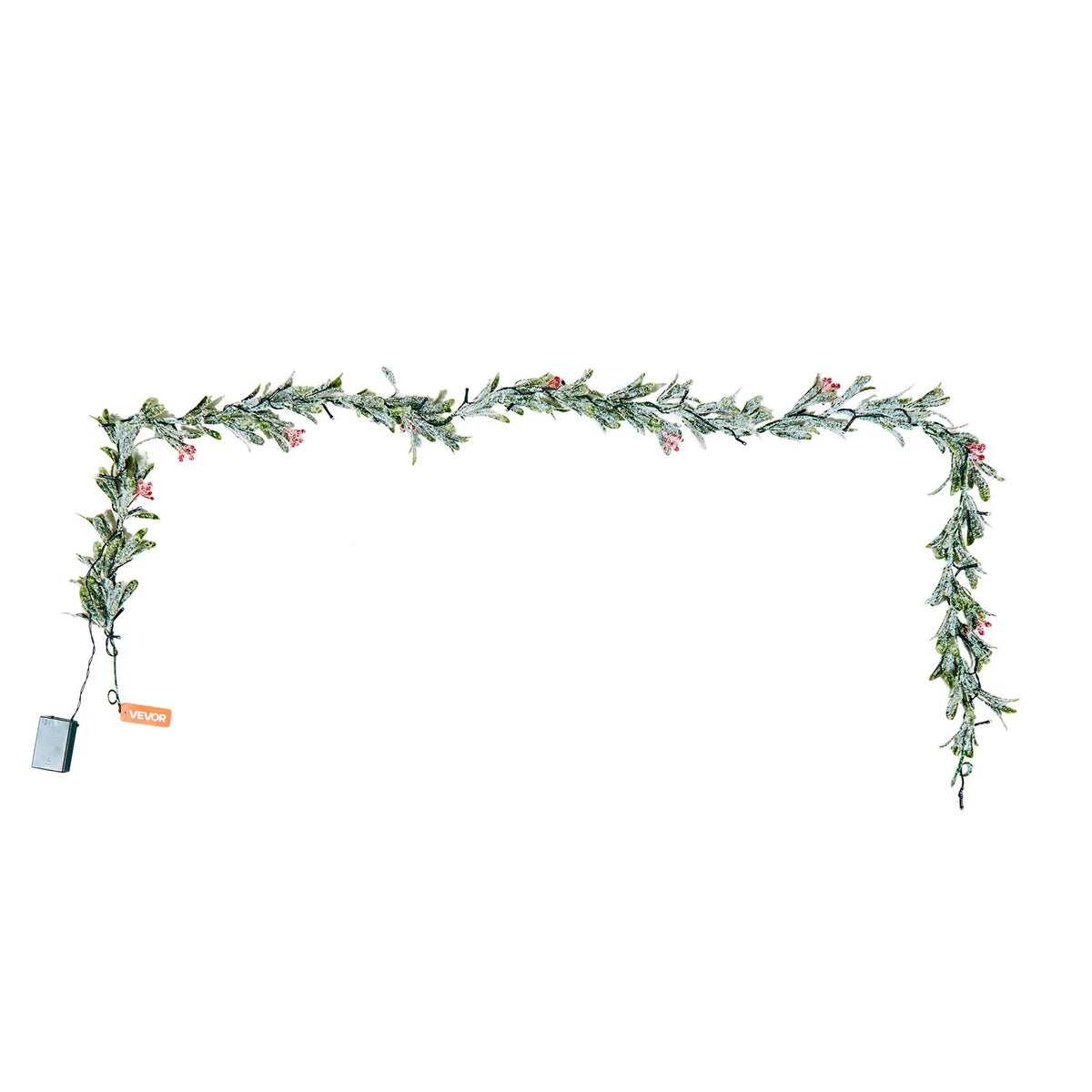 VEVOR 6.6-Ft Christmas Garland with 20 LED Lights, Artificial Greenery with Olive Leaves, Vines and Red Berries for Mantel and Fireplace