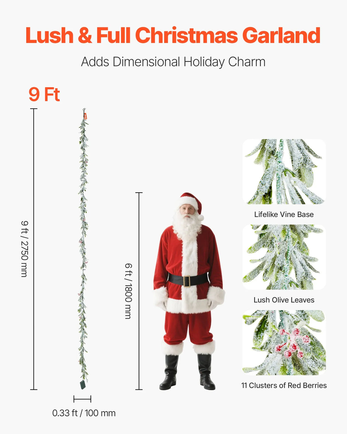 VEVOR 9-Ft Christmas Garland with 30 LED Lights, Artificial Greenery with Olive Leaves, Vines and Red Berries for Mantel and Fireplace