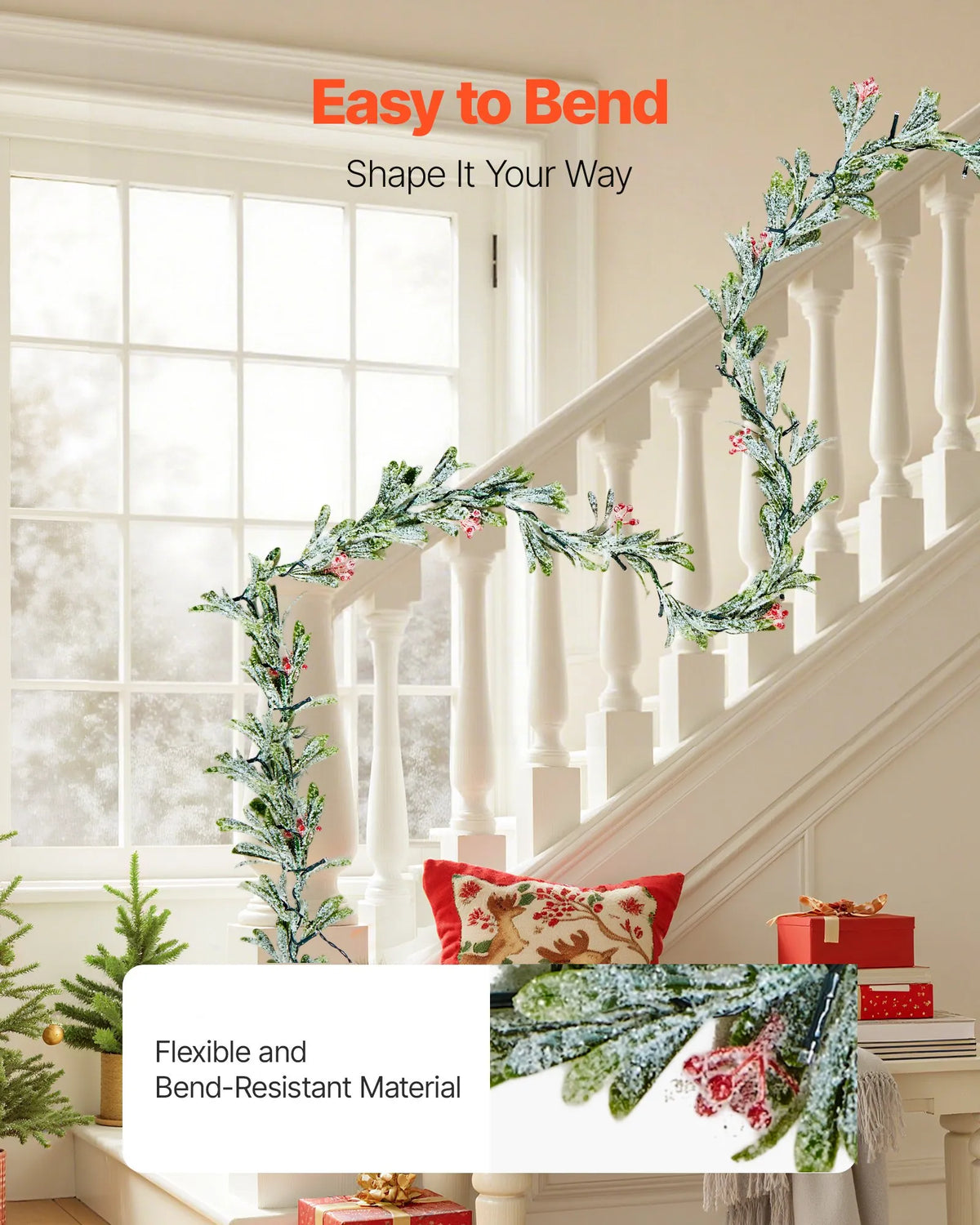 VEVOR 9-Ft Christmas Garland with 30 LED Lights, Artificial Greenery with Olive Leaves, Vines and Red Berries for Mantel and Fireplace