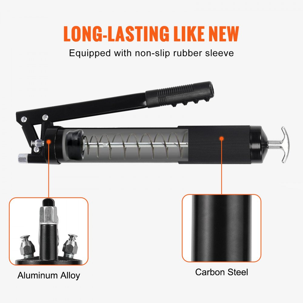 VEVOR Grease Gun, 10000 PSI Max. Working Pressure, 20 OZ / 600 CC Capacity Heavy Duty Lever Action Grease Gun Kit, Includes 18.5 Inch Flexible Hose, 2 Black Flat Couplers, and 1 Straight Metal Pipes