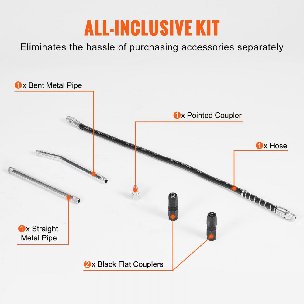 VEVOR Grease Gun, 10000 PSI Max. Working Pressure, 20 OZ / 600 CC Capacity Heavy Duty Lever Action Grease Gun Kit, Includes 18.5 Inch Flexible Hose, 2 Black Flat Couplers, and 1 Straight Metal Pipes