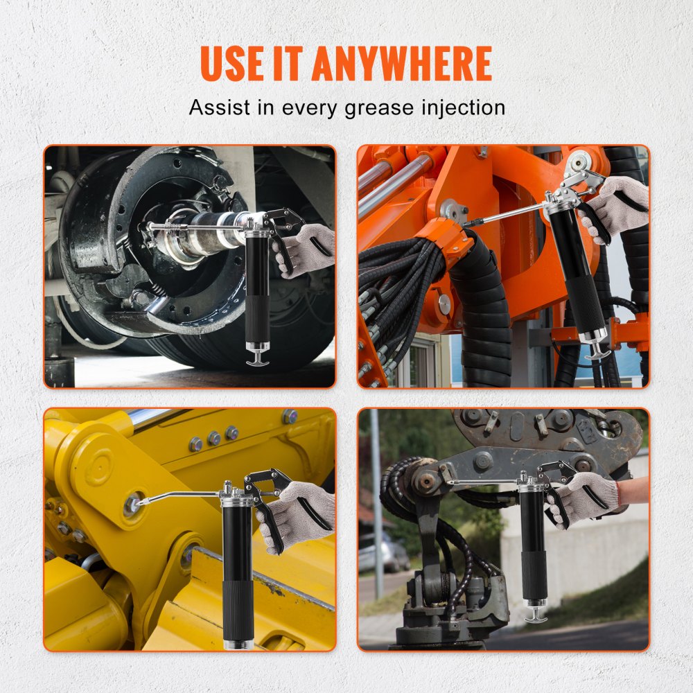 VEVOR Pistol Grip Grease Gun, 6000 PSI, 14 OZ / 400 CC Capacity Heavy Duty Professional Grease Gun, with 19.69 Inch Flexible Hose 2 Black Flat Couplers, 1 Pointed Coupler, and 2 Rigid Metal Pipe