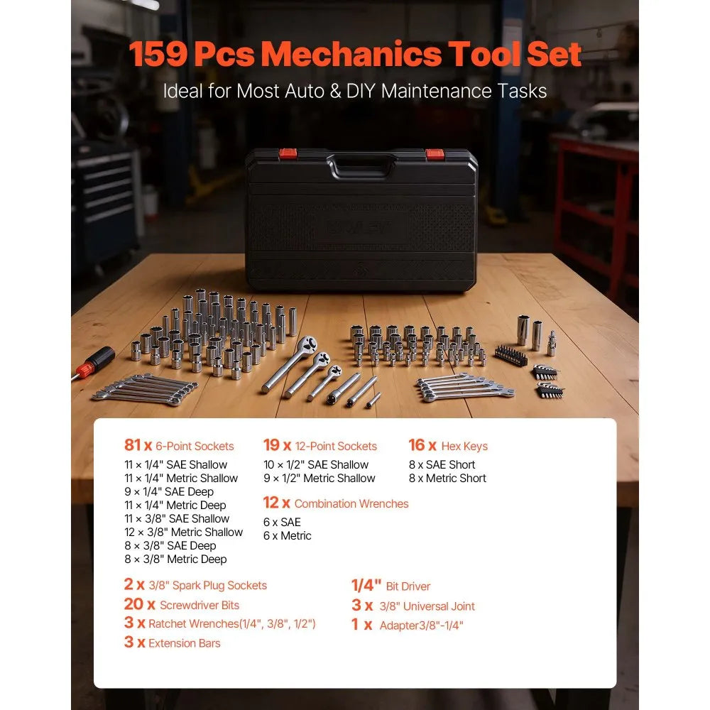 VEVOR 159-Piece Mechanics Tool Set, 1/4", 3/8" & 1/2" Drive SAE & Metric Socket Set with Wrenches & Bits