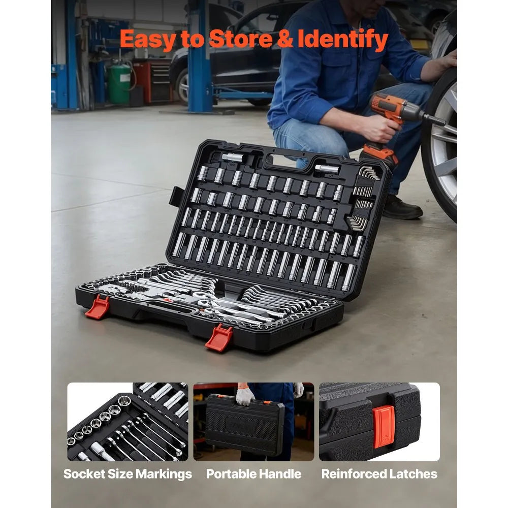 VEVOR 159-Piece Mechanics Tool Set, 1/4", 3/8" & 1/2" Drive SAE & Metric Socket Set with Wrenches & Bits