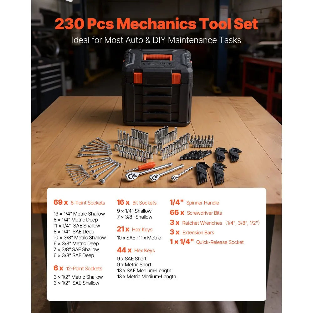 VEVOR 230-Piece Mechanic Tool Kit, Multi-Drive SAE & Metric Socket and Wrench Set with Case