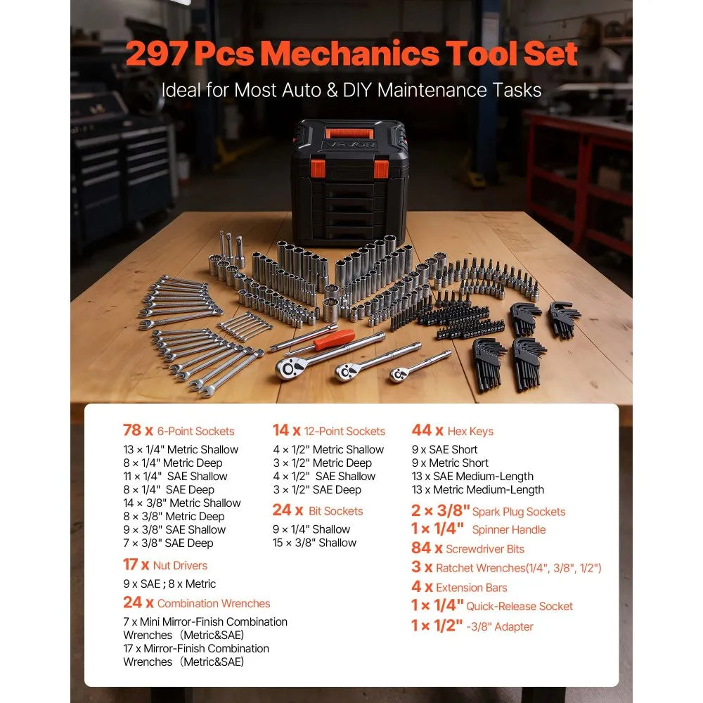 297-Piece Mechanics Tool Set – SAE & Metric Socket and Wrench Kit with Storage Case