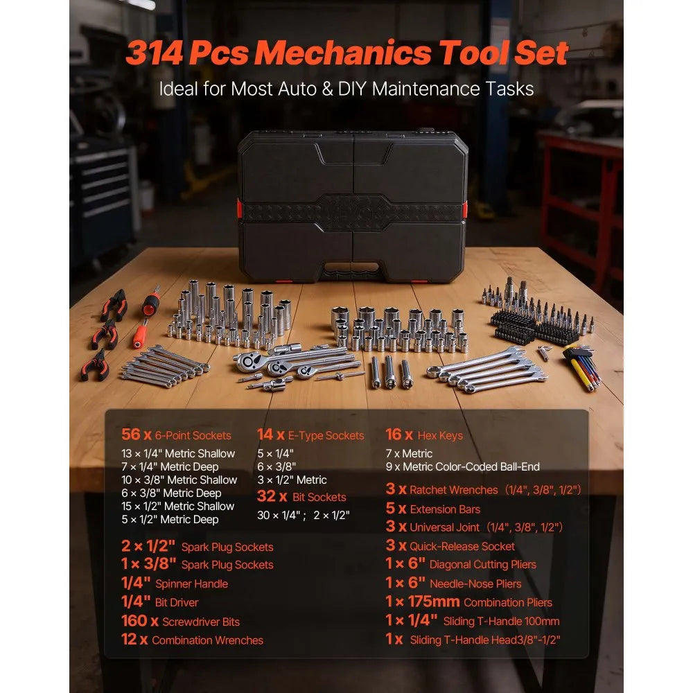 VEVOR 314-Piece Mechanics Tool Set, 1/4", 3/8" & 1/2" Drive Metric Socket and Wrench Kit