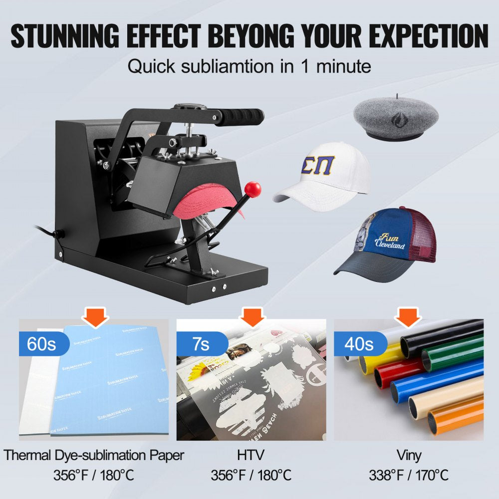 VEVOR Hat Heat Press, 4-in-1 Cap Heat Press Machine, 6 x 3in Clamshell Sublimation Transfer, LCD Digital Timer Temperature Control with 4pcs Curved Heating Elements (6x3/6.7x2.7/6.7x2.7/8.1x3.5)