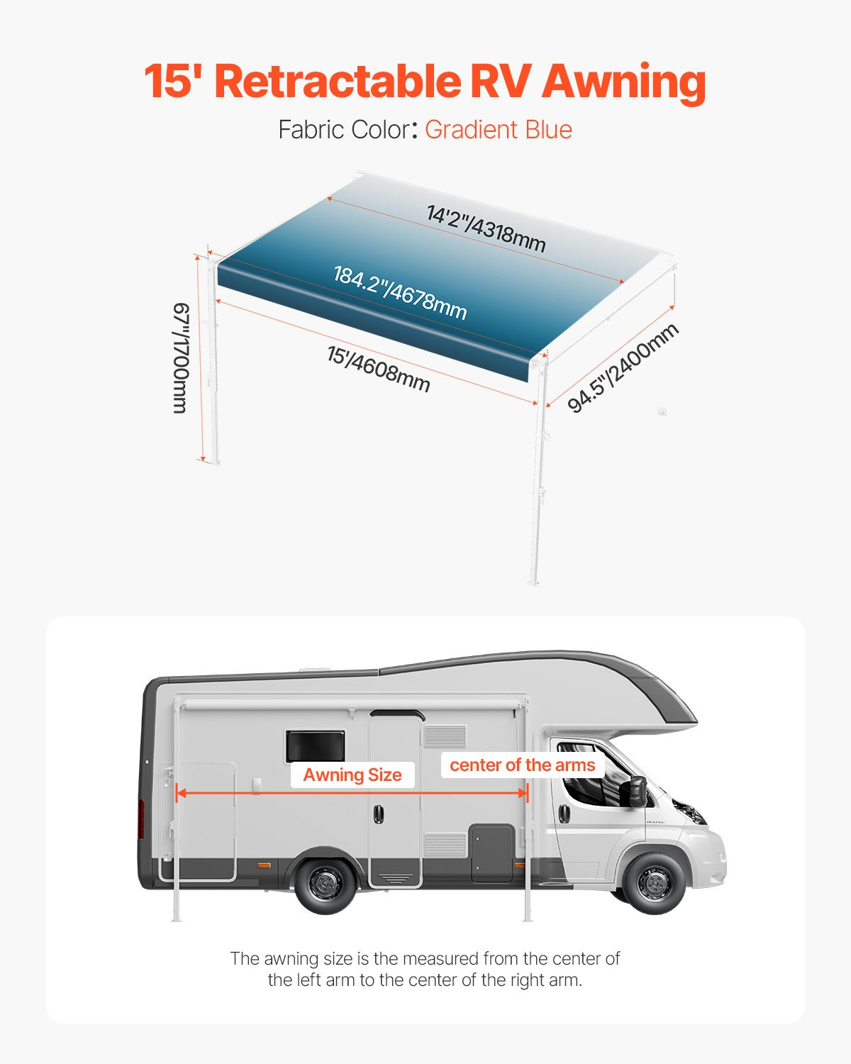 VEVOR 15' RV Replacement Awning Manual Trailer Awning for Most DC12V RVs