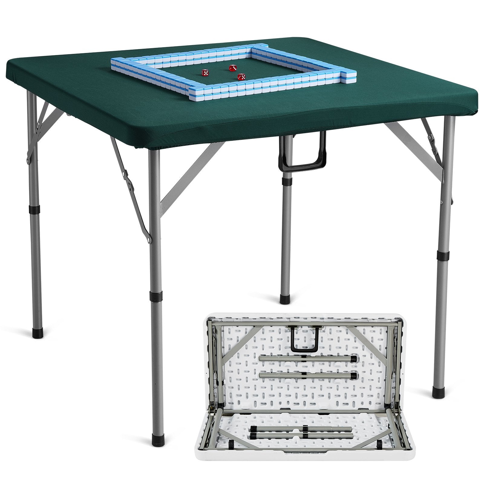 VEVOR Mahjong Table with Mahjong Tiles Set, Fold-in-Half 4 Player Card Table with 144PCS Majiang Tiles and 3 Dice, Portable Bi-Folding Domino Table with Wear-Resistant Green Tabletop & Carrying Handle