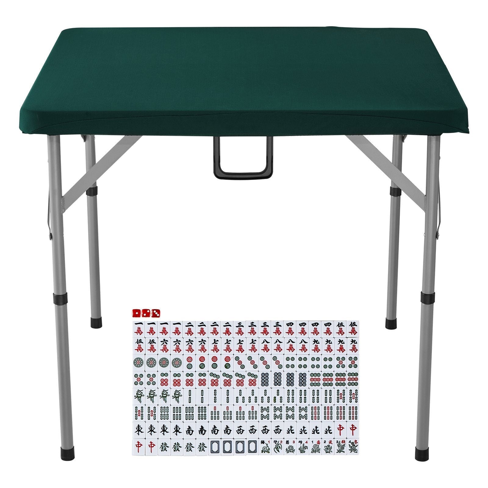 VEVOR Mahjong Table with Mahjong Tiles Set, Fold-in-Half 4 Player Card Table with 144PCS Majiang Tiles and 3 Dice, Portable Bi-Folding Domino Table with Wear-Resistant Green Tabletop & Carrying Handle