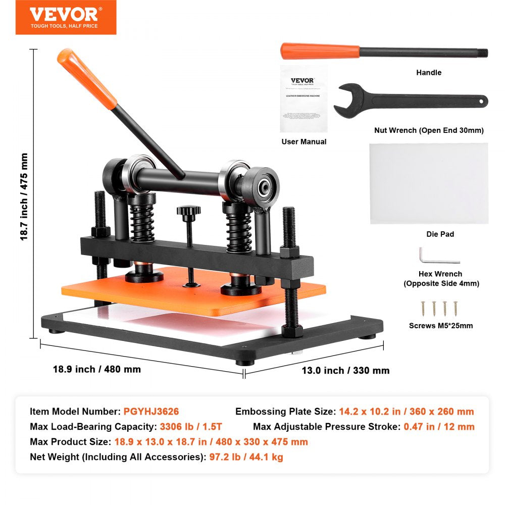 VEVOR Leather Cutting Machine, 14.2 x 10.2 in Embossing Plate Manual Die Cutter, 0.47 in Pressure Stroke Leather Embossing Machine, Dual Guide Shafts Die Cut Machine for Various of Materials