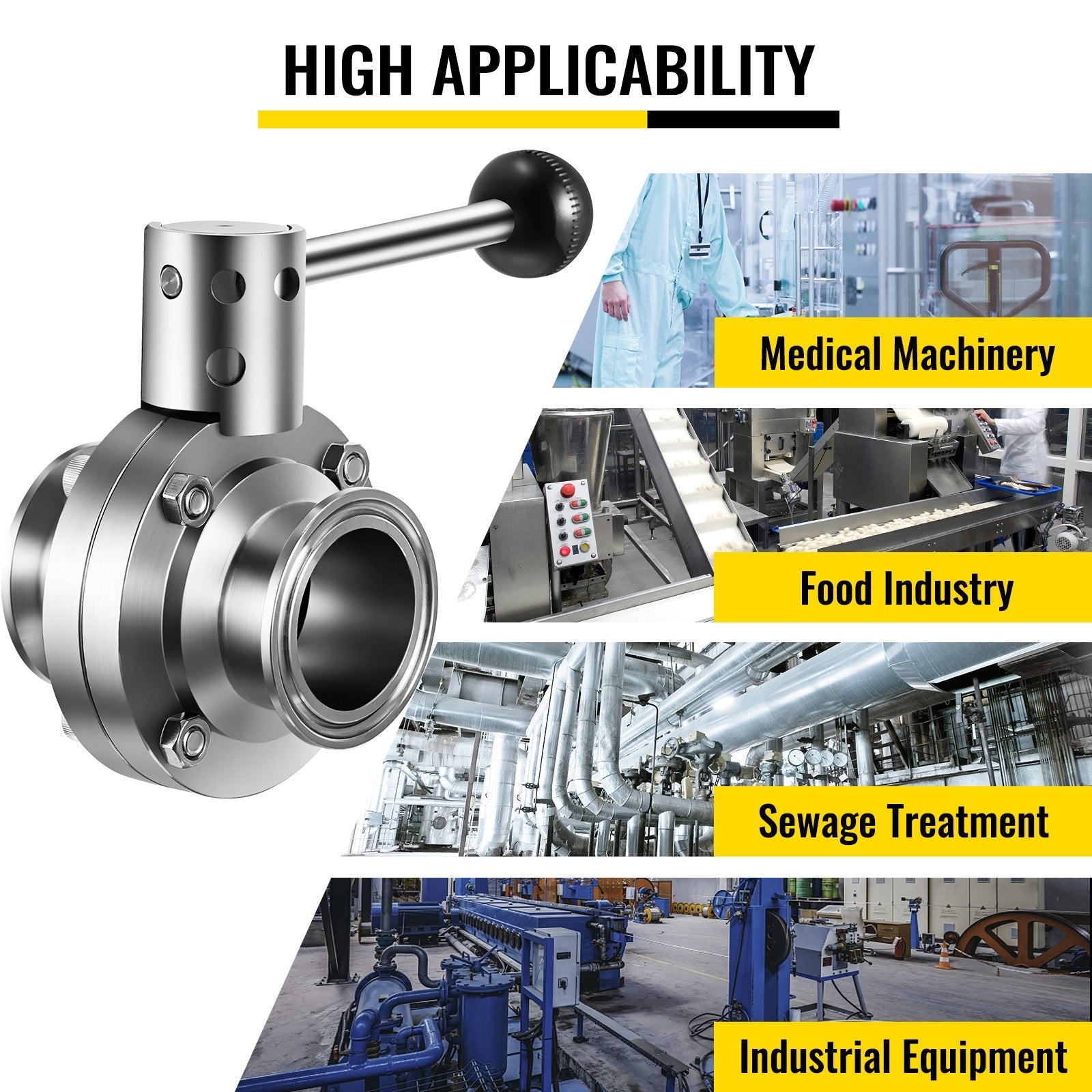 VEVOR Sanitary Butterfly Valve 1 Pack Stainless Butterfly Valve 3" Tube Outer Diameter Triclamp Butterfly Valve 304 Stainless Steel Sample Valve Tri Clamp with Pull Handle for Controlling the Fluid