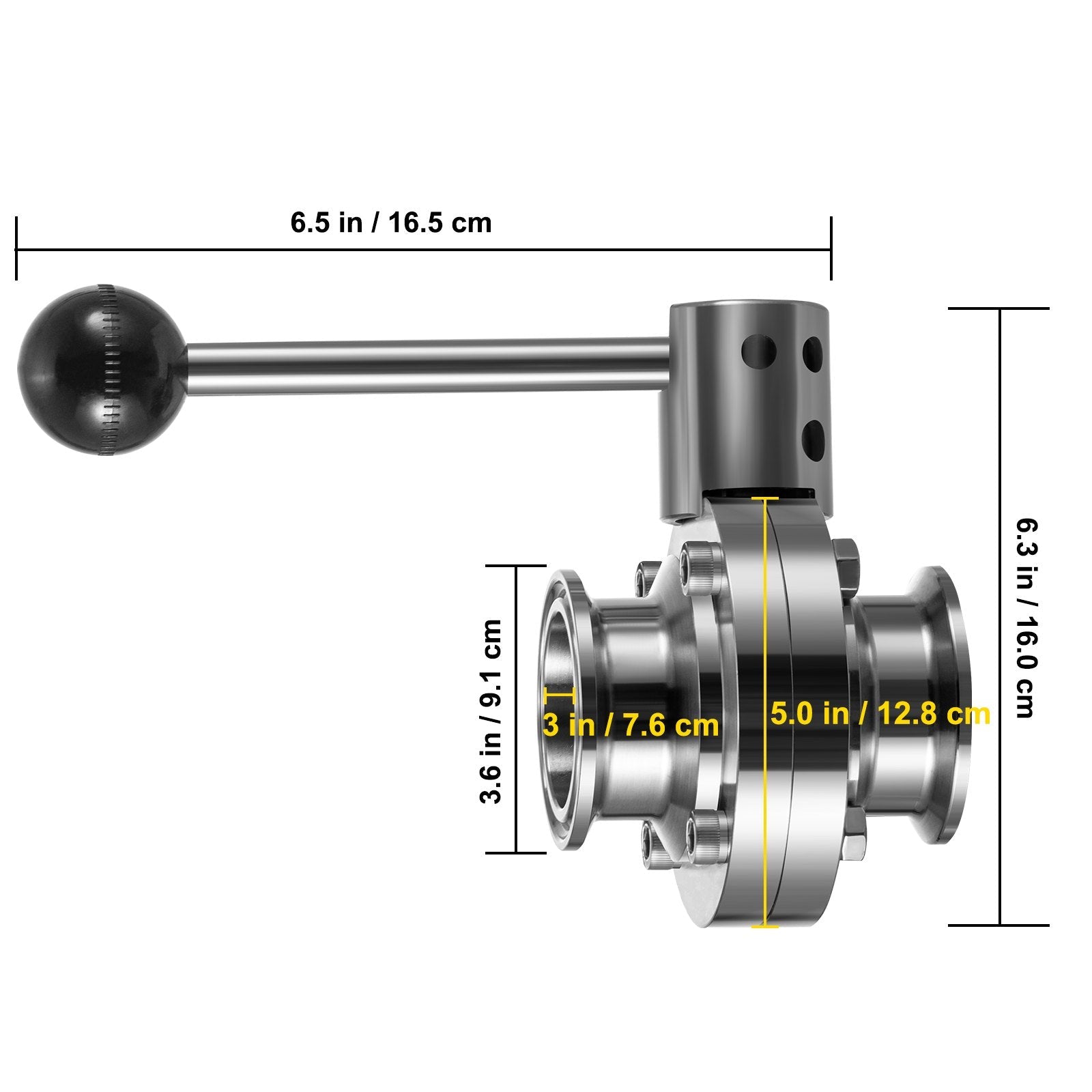 VEVOR Sanitary Butterfly Valve 1 Pack Stainless Butterfly Valve 3" Tube Outer Diameter Triclamp Butterfly Valve 304 Stainless Steel Sample Valve Tri Clamp with Pull Handle for Controlling the Fluid