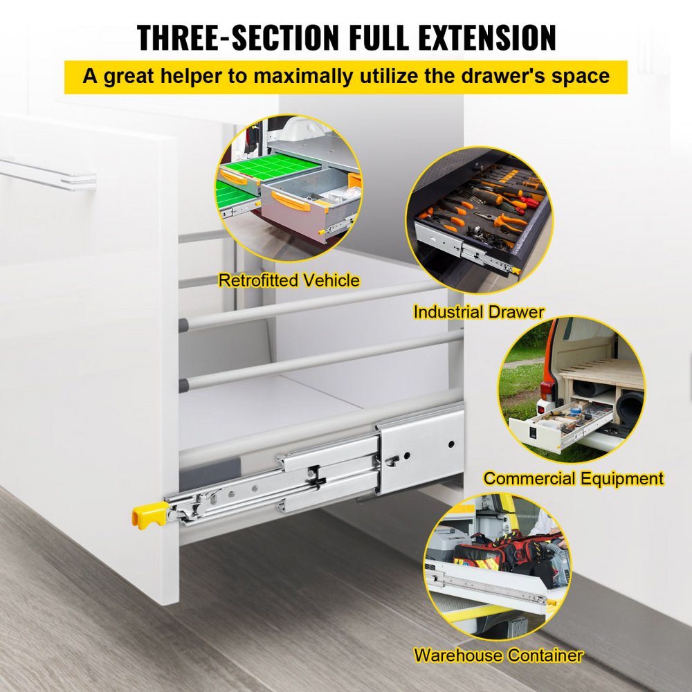 VEVOR Drawer Slides with Lock, 1 Pair 20 inch, Heavy-Duty Industrial Steel up to 500 lbs Capacity, 3-Fold Full Extension, Ball Bearing Lock-in & Lock-Out, Side Mount