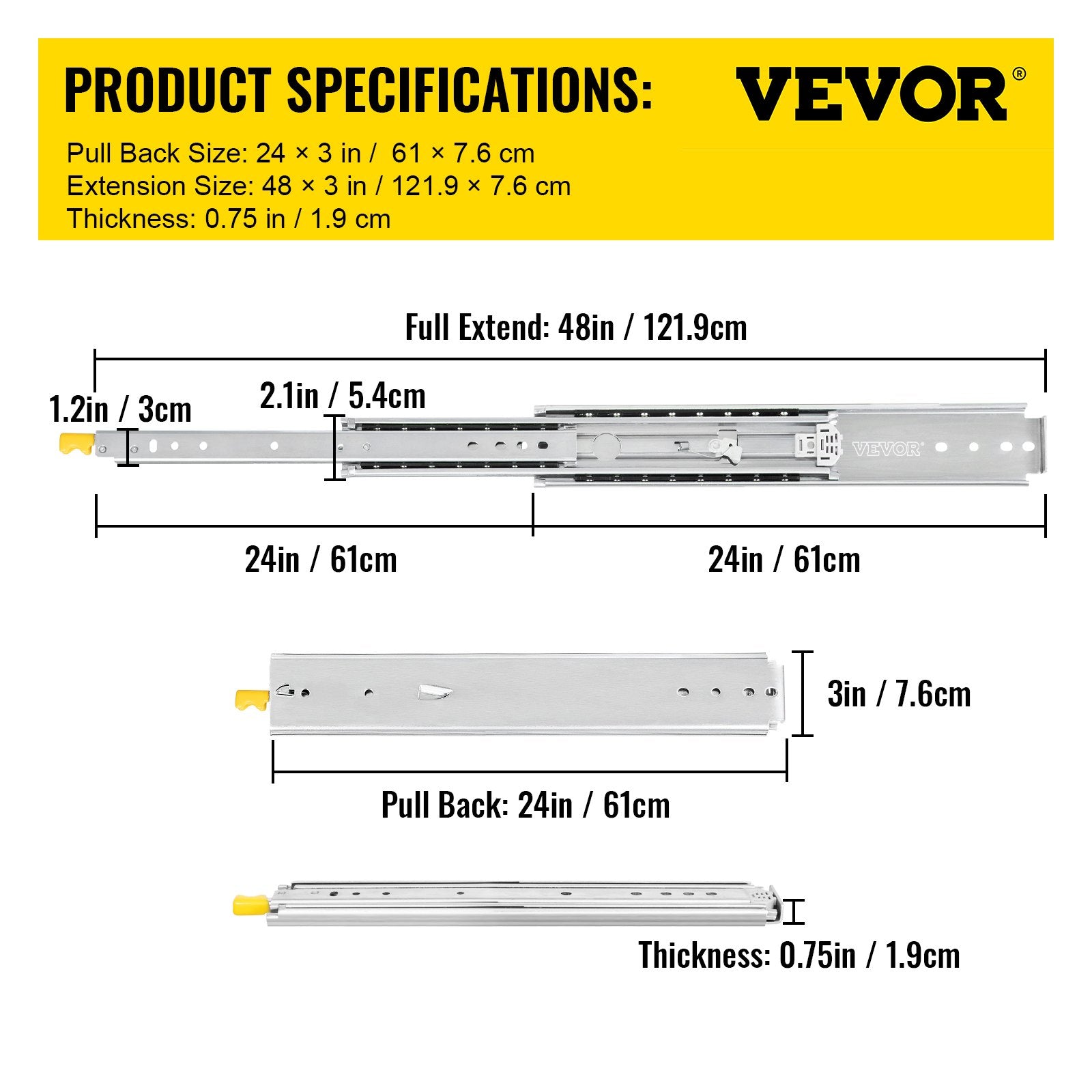 VEVOR Drawer Slides with Lock, 1 Pair 24 inch, Heavy-Duty Industrial Steel up to 500 lbs Capacity, 3-Fold Full Extension, Ball Bearing Lock-in & Lock-Out, Side Mount