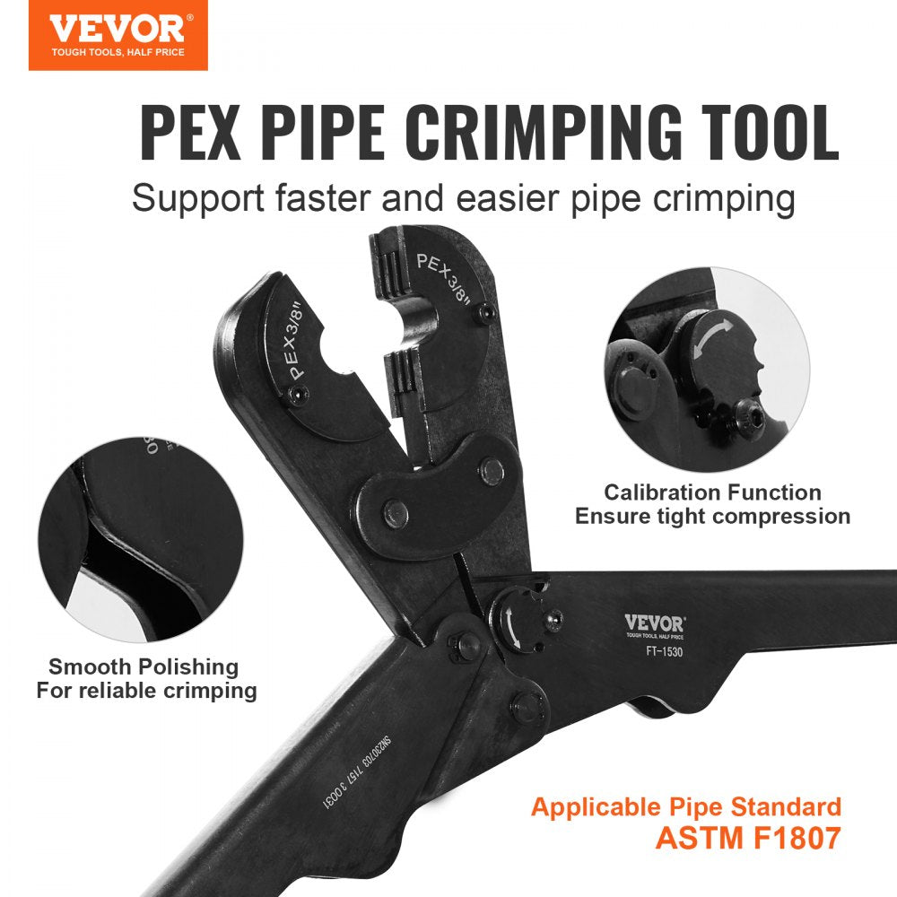 VEVOR PEX Pipe Crimping Tool Kit, Pro Press Crimper for 3/8", 1/2", 3/4" Crimp Rings, with 3 Jaw Dies, PEX Tubing Cutter, Go/No-Go Gauge, Copper Ring Removal Tool, Meets ASTM F1807 Standards
