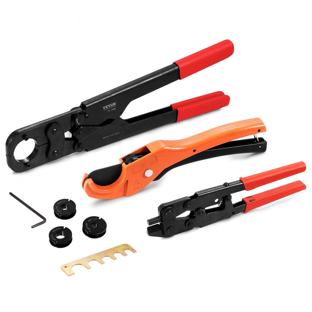 VEVOR PEX Pipe Crimping Tool Kit, Pro Press Crimper for 3/8", 1/2", 3/4" Crimp Rings, with 3 Jaw Dies, PEX Tubing Cutter, Go/No-Go Gauge, Copper Ring Removal Tool, Meets ASTM F1807 Standards