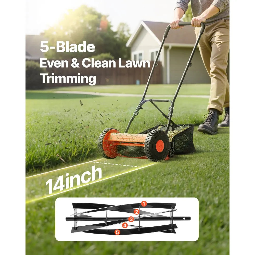 Manual Push Reel Lawn Mower with Grass Catcher Bag, 5-Blade Walk-Behind Mower, 14 in or 18 in