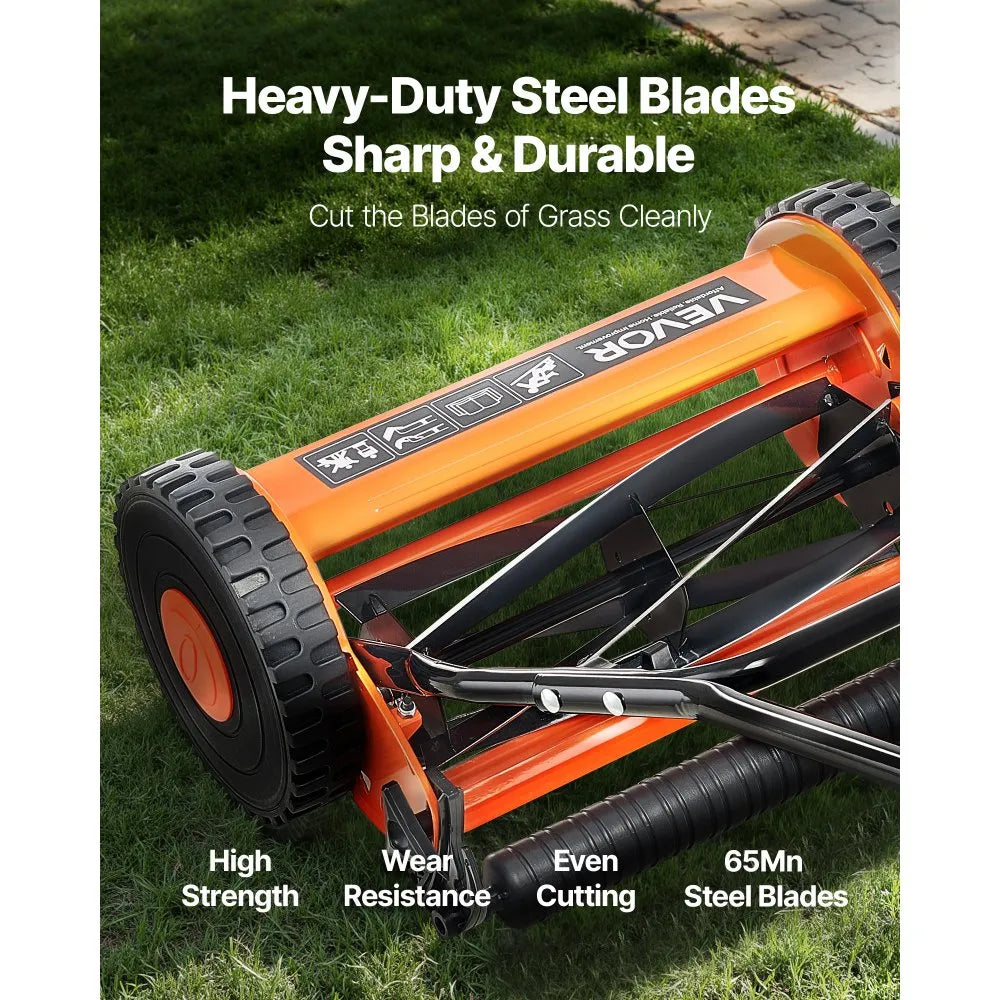 Manual Push Reel Lawn Mower with Grass Catcher Bag, 5-Blade Walk-Behind Mower, 14 in or 18 in