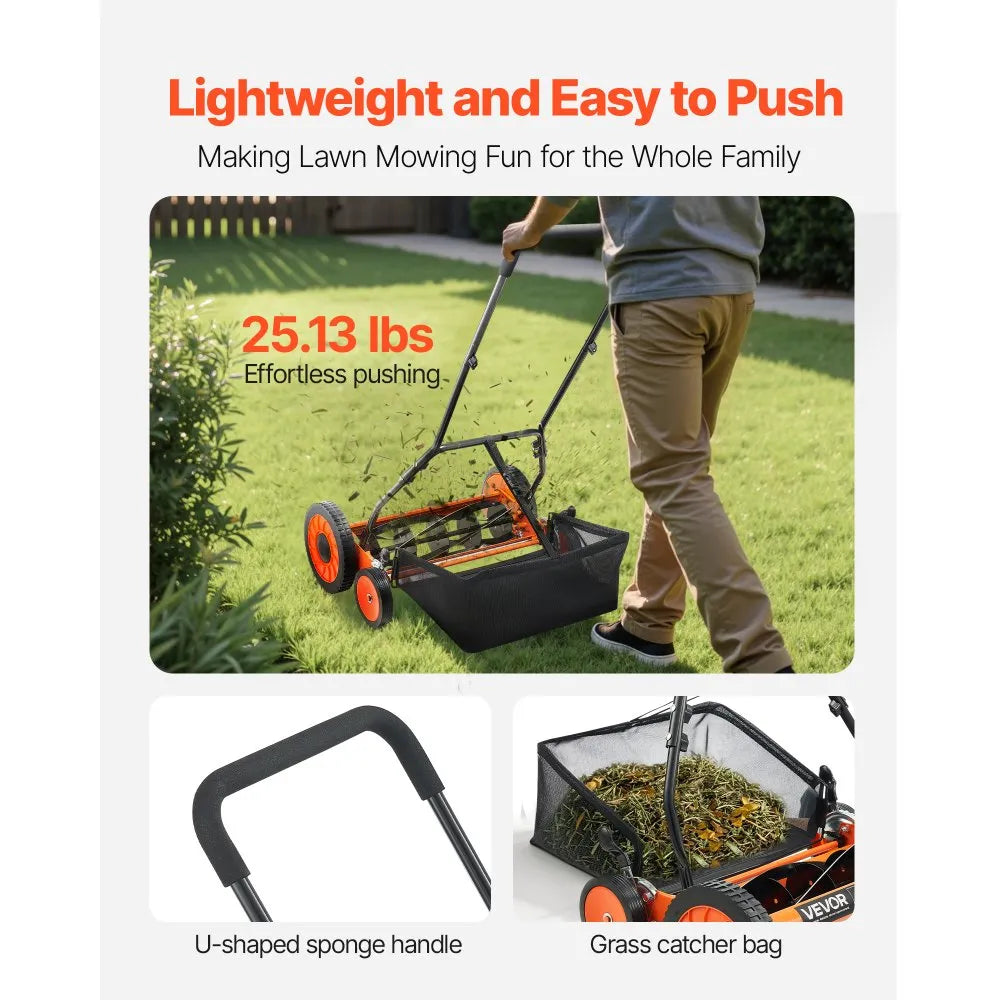 Manual Push Reel Lawn Mower with Grass Catcher Bag, 5-Blade Walk-Behind Mower, 14 in or 18 in
