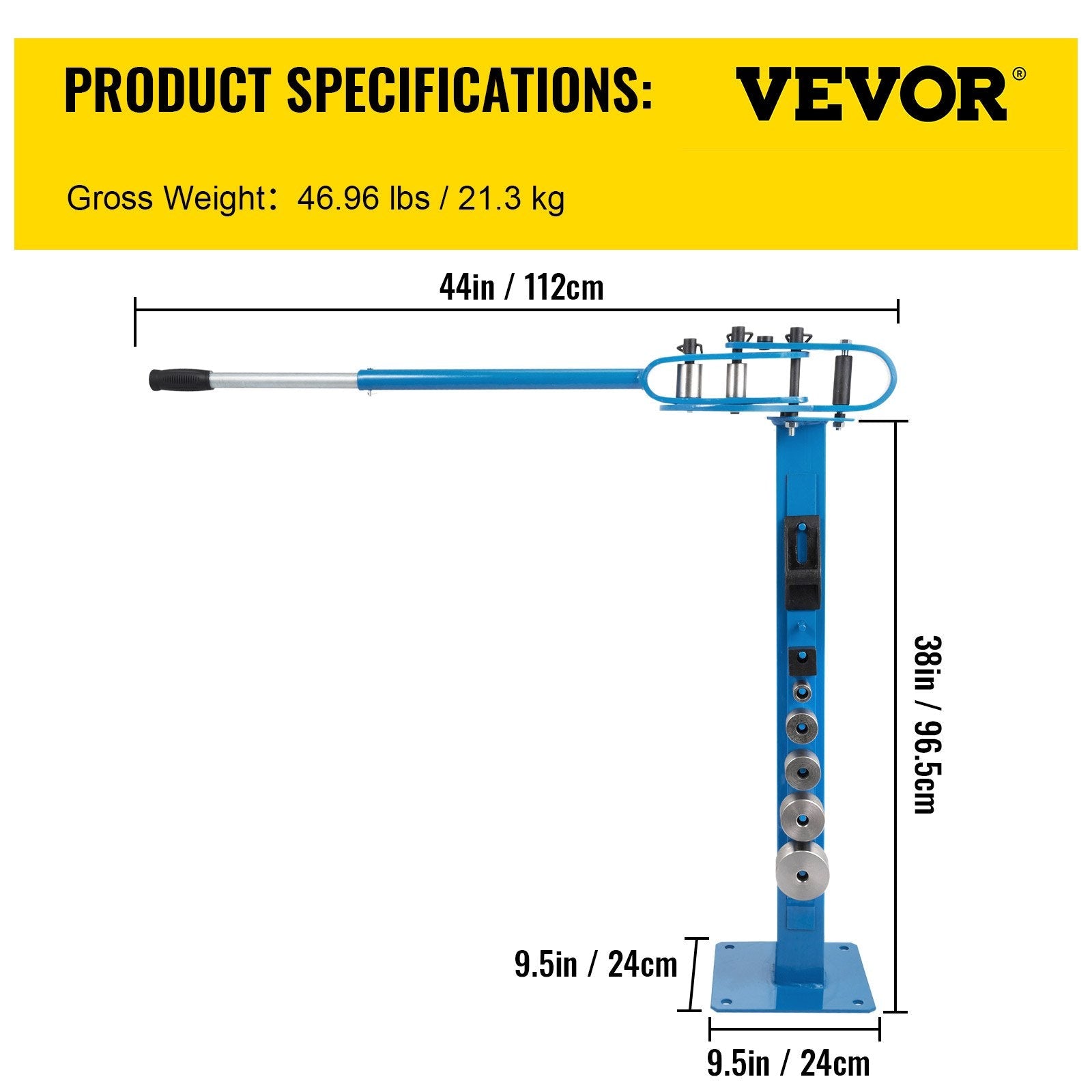 VEVOR YP 38 Pedestal Floor Compact Bender 7 Dies Versatile Compact Metal Tubing Bender 44' Mount Powdercoat Telescoping Handle Maximum 5/8" Thick 1-15/16" Width