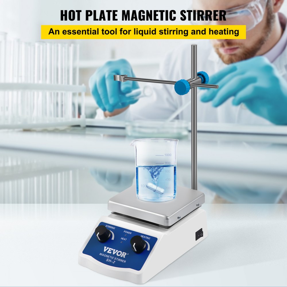 VEVOR SH-2 Magnetic Stirrer, 0-2000 RPM, 1000ml Mixing Capacity Laboratory Magnetic Stirrer Hotplate w/Stand, 180W Heating Power ? 380°C Max Heating Temperature, for Lab Liquid Mixing Heating