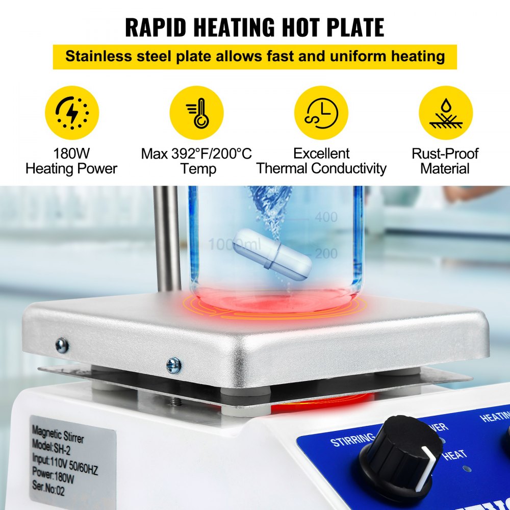 VEVOR SH-2 Magnetic Stirrer, 0-2000 RPM, 1000ml Mixing Capacity Laboratory Magnetic Stirrer Hotplate w/Stand, 180W Heating Power ? 380°C Max Heating Temperature, for Lab Liquid Mixing Heating