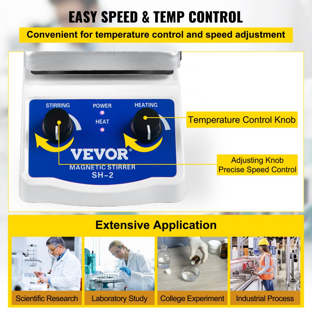 VEVOR SH-2 Magnetic Stirrer, 0-2000 RPM, 1000ml Mixing Capacity Laboratory Magnetic Stirrer Hotplate w/Stand, 180W Heating Power ? 380°C Max Heating Temperature, for Lab Liquid Mixing Heating