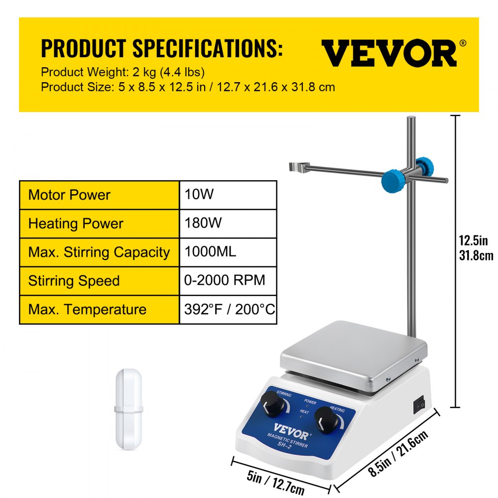 VEVOR SH-2 Magnetic Stirrer, 0-2000 RPM, 1000ml Mixing Capacity Laboratory Magnetic Stirrer Hotplate w/Stand, 180W Heating Power ? 380°C Max Heating Temperature, for Lab Liquid Mixing Heating