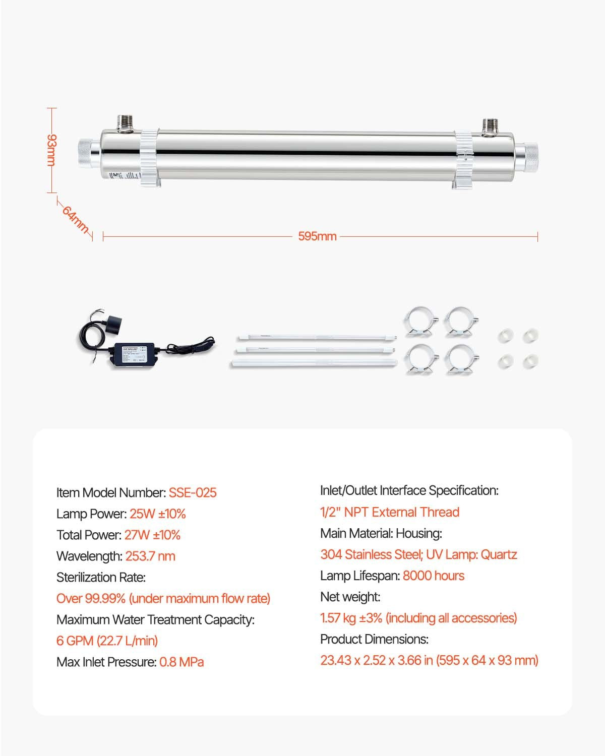 VEVOR 110V 25W UV Water Purifier 6GPM Ultraviolet Water Purifier Filter