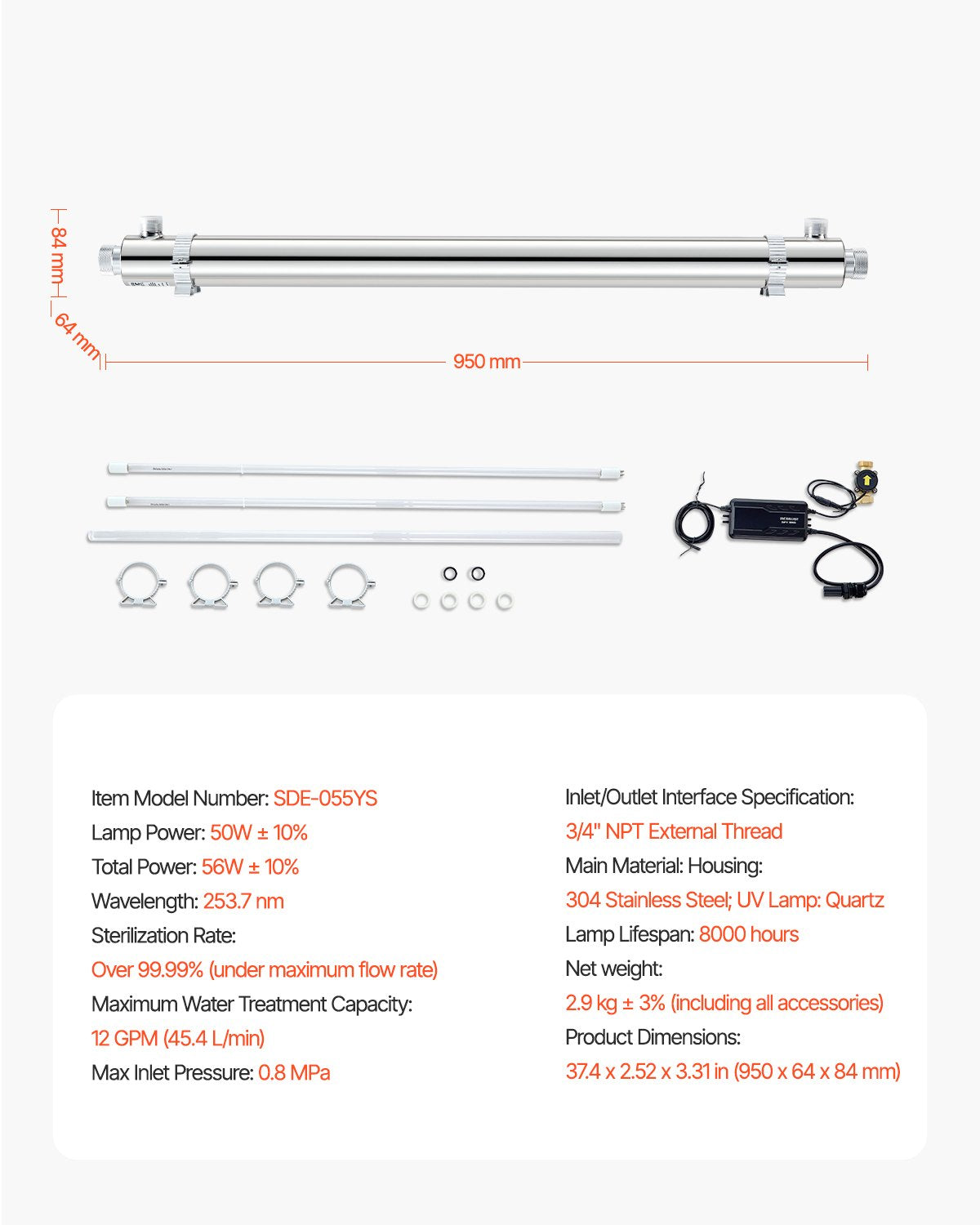 VEVOR 110V 55W UV Water Purifier 12GPM Ultraviolet Water Purifier Filter