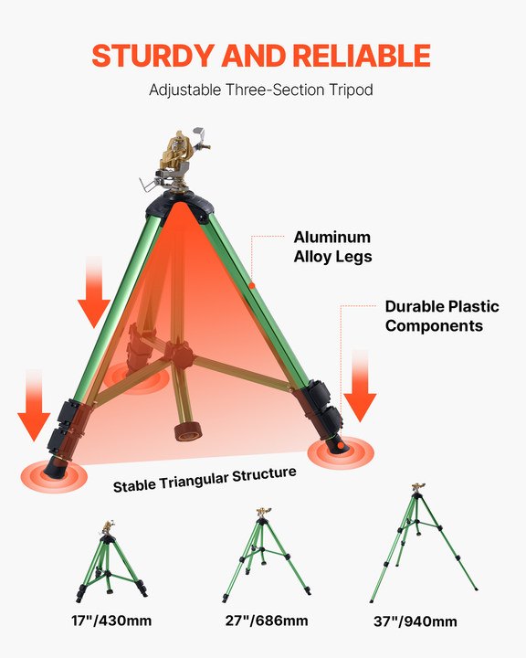 VEVOR Tripod Sprinkler 360° Spray Heavy Duty Sprinklers for Lawn Garden Green