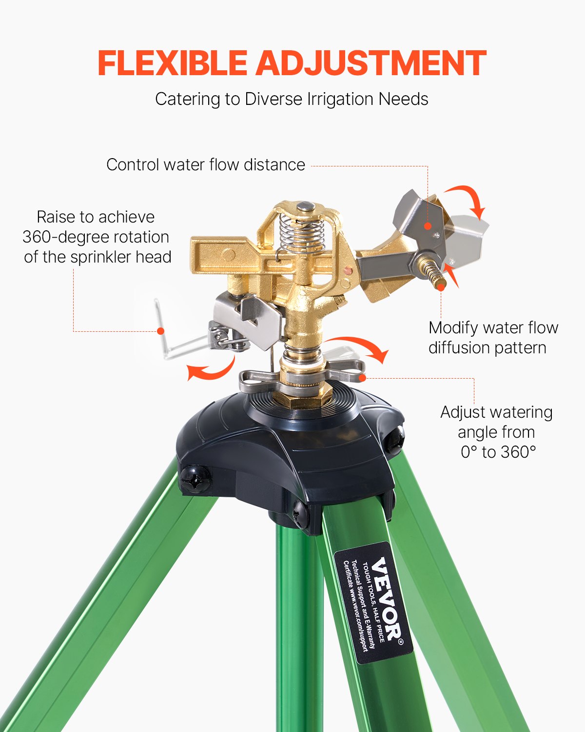 VEVOR Tripod Sprinkler 360° Spray Heavy Duty Sprinklers for Lawn Garden Green