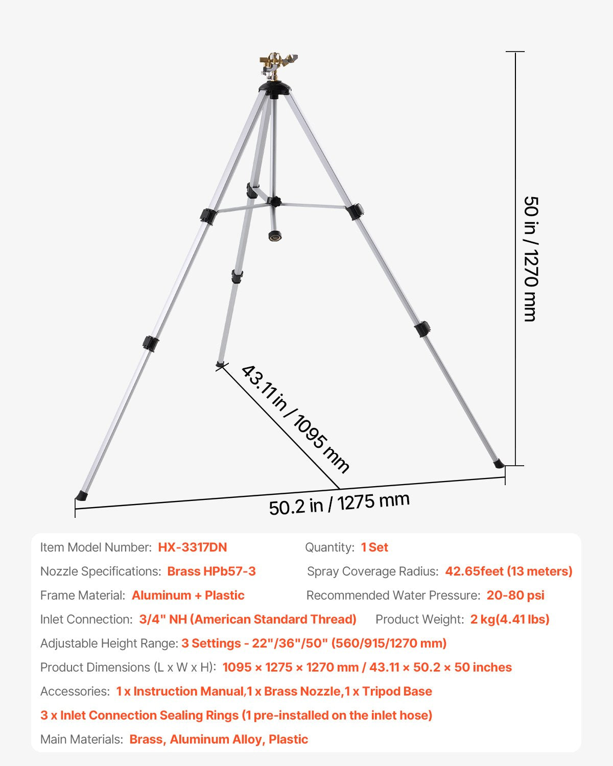 VEVOR Tripod Sprinkler 360° Spray Heavy Duty Sprinklers for Lawn Garden Gray