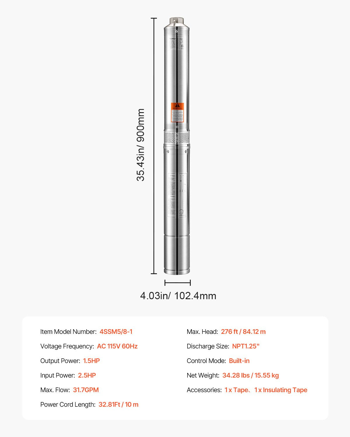 VEVOR 1.5HP Deep Well Submersible Pump Stainless Steel Water Pump 31.7GPM 276ft