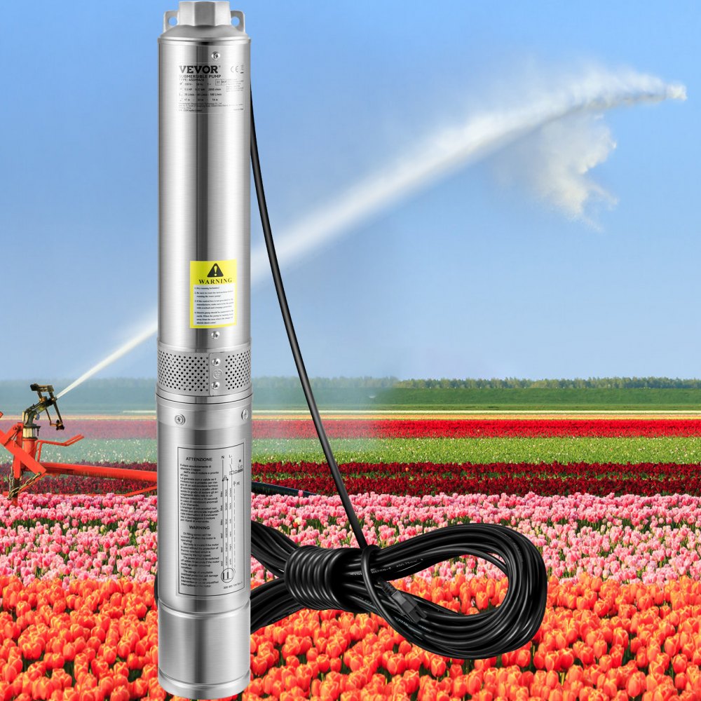 VEVOR Deep Well Submersible Pump, 1.5HP/1100W 230V/60Hz, 37GPM 276 ft Head, with 33 ft Electric Cord, 4 inch Stainless Steel Water Pumps for Industrial, Irrigation and Home Use, IP68 Waterproof Grade