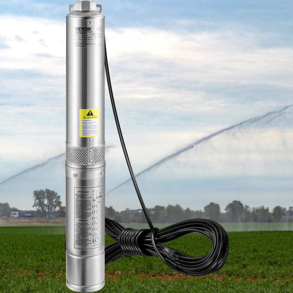 VEVOR Deep Well Submersible Pump, 1HP/750W 230V/60Hz, 37GPM Flow 207 ft Head, with 33 ft Electric Cord, 4 inch Stainless Steel Water Pumps for Industrial, Irrigation & Home Use, IP68 Waterproof Grade