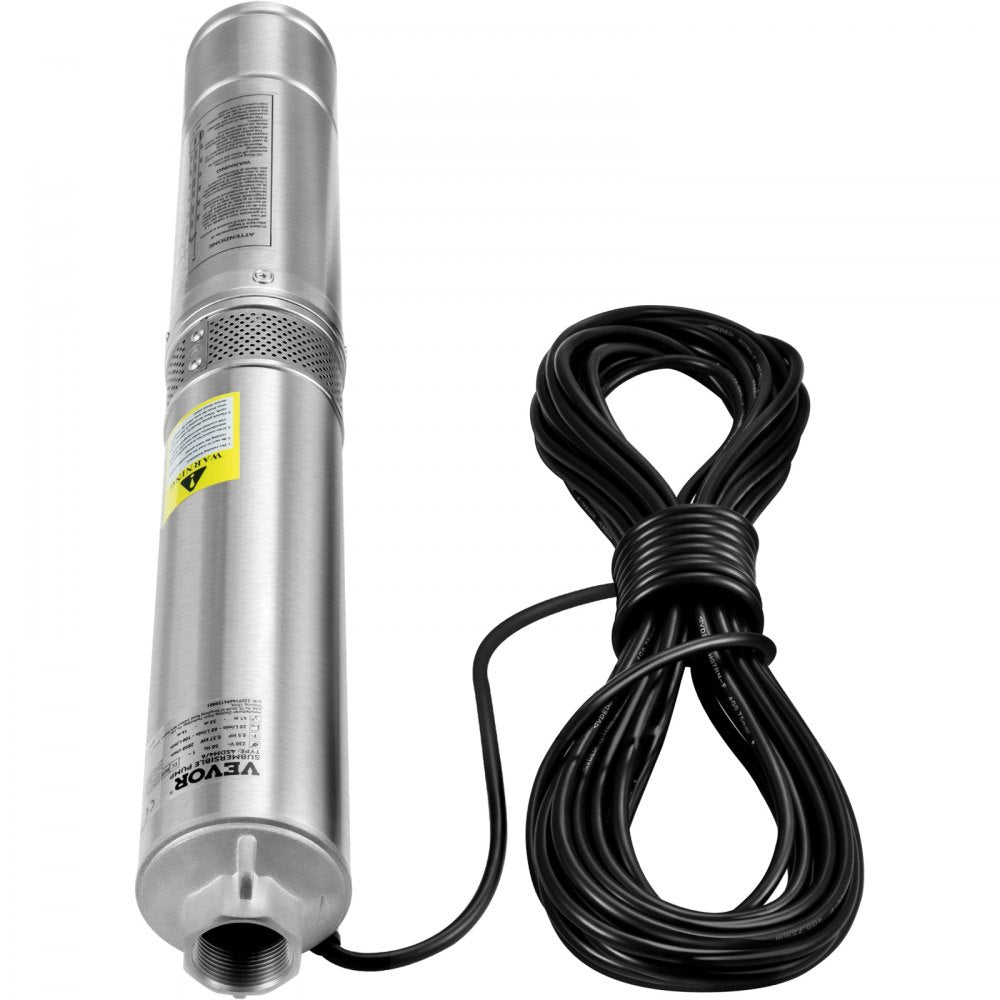 VEVOR Deep Well Submersible Pump, 1HP/750W 230V/60Hz, 37GPM Flow 207 ft Head, with 33 ft Electric Cord, 4 inch Stainless Steel Water Pumps for Industrial, Irrigation & Home Use, IP68 Waterproof Grade