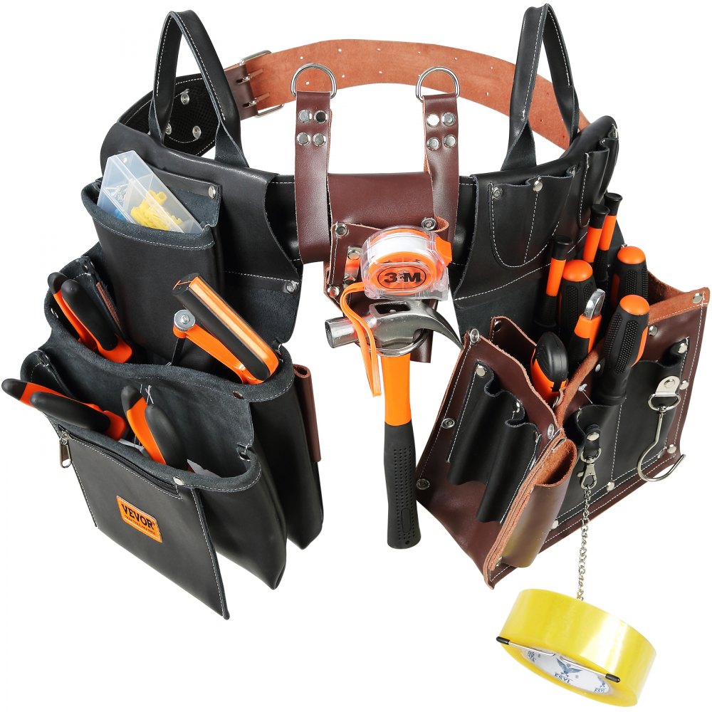 VEVOR Tool Belt, 31 Pockets, Adjusts from 32 Inches to 54 Inches, Leather Heavy Duty Tool Pouch Bag, Detachable Tool Bag for Electrician, Carpenter, Handyman, Woodworker, Construction, Black/Brown