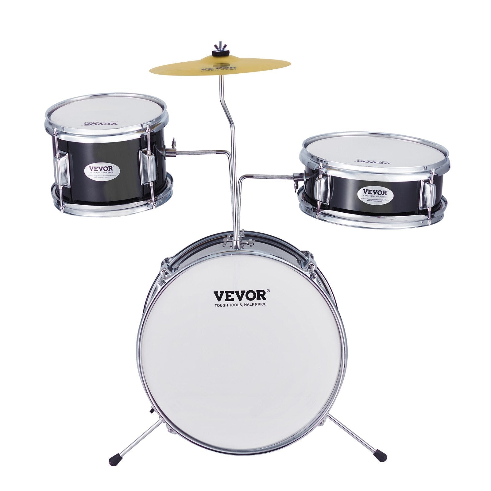 VEVOR Kids Drum Set, 3-Piece, 14 in Beginner Drum Set with Adjustable Throne Cymbal Pedal Two Pairs of Drumsticks, 8'' Tom Drum 10'' Snare Drum 14'' Bass Drum, Starter Drum Kit for Child Kids, Black
