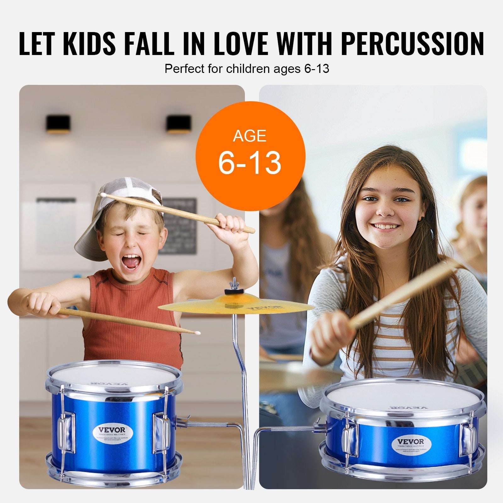 VEVOR Kids Drum Set, 3-Piece, 14 in Beginner Drum Set with Adjustable Throne Cymbal Pedal Two Pairs of Drumsticks, 8'' Tom Drum 10'' Snare Drum 14'' Bass Drum, Starter Drum Kit for Child Kids, Blue