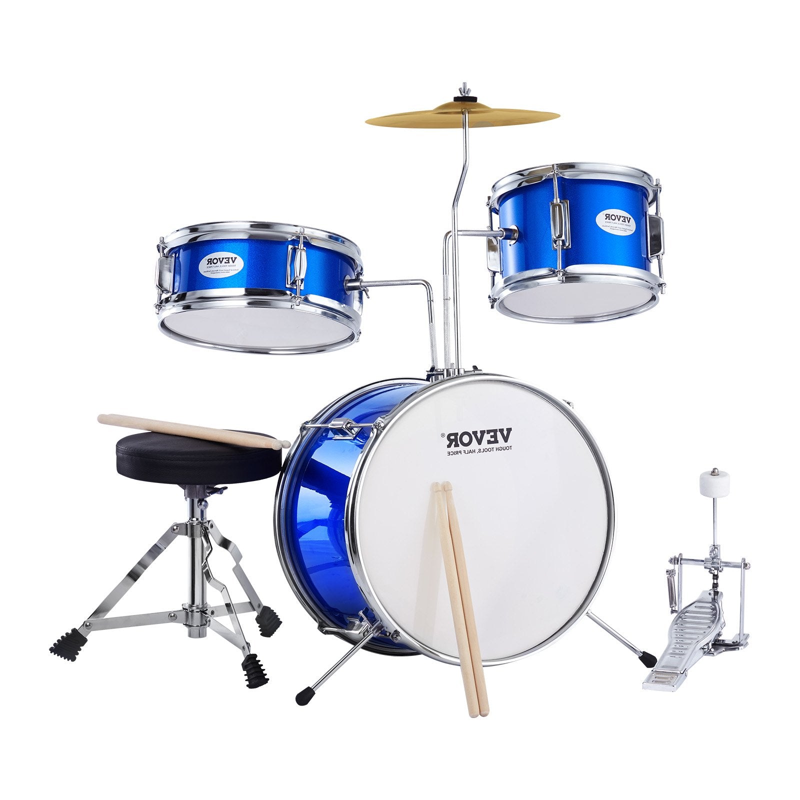 VEVOR Kids Drum Set, 3-Piece, 14 in Beginner Drum Set with Adjustable Throne Cymbal Pedal Two Pairs of Drumsticks, 8'' Tom Drum 10'' Snare Drum 14'' Bass Drum, Starter Drum Kit for Child Kids, Blue