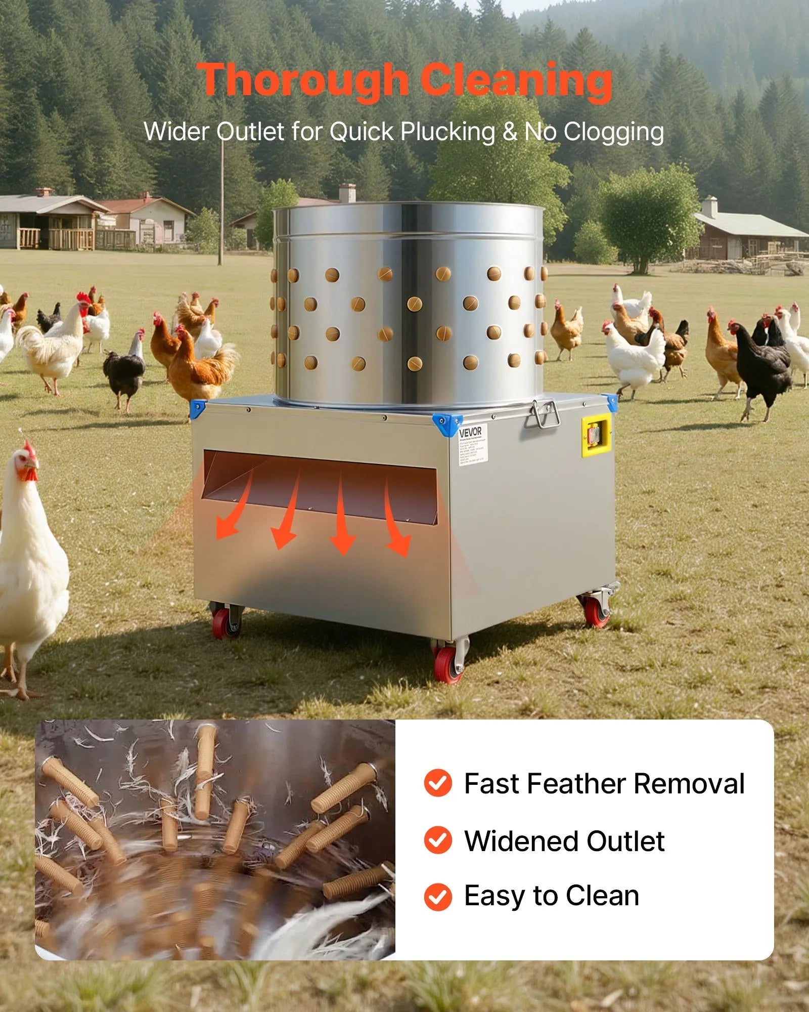 VEVOR Chicken Plucker Machine, 23.6 in Drum, 2200W & 240RPM Electric Chicken Plucking Machine with 119 Soft Fingers & Transport Wheels, Stainless Steel Feather Remover for Processing 2-4 Chicks Once