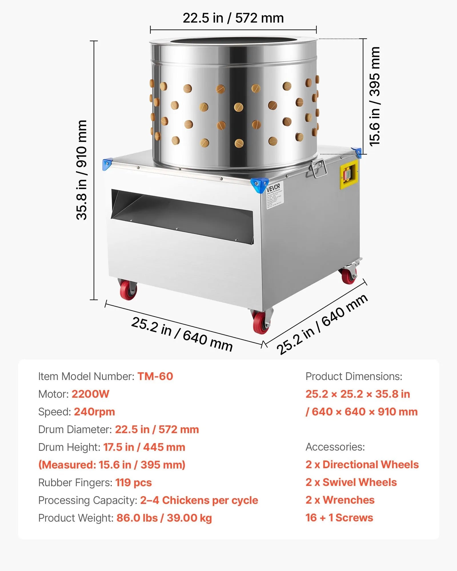 VEVOR Chicken Plucker Machine, 23.6 in Drum, 2200W & 240RPM Electric Chicken Plucking Machine with 119 Soft Fingers & Transport Wheels, Stainless Steel Feather Remover for Processing 2-4 Chicks Once