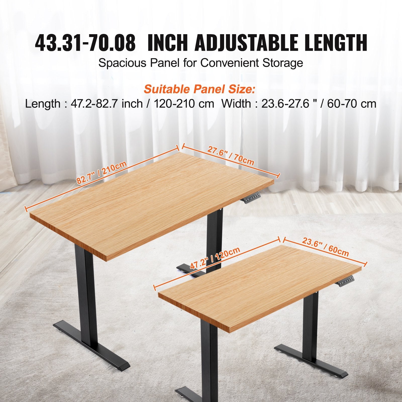 VEVOR Standing Desk Frame Dual Motor, Adjustable 27.6"-46.1" Height & 43.3"-70.1" Length Electric Stand Up Computer Desk Legs, Ergonomic DIY Workstation Base for Home and Office (Black Frame Only)