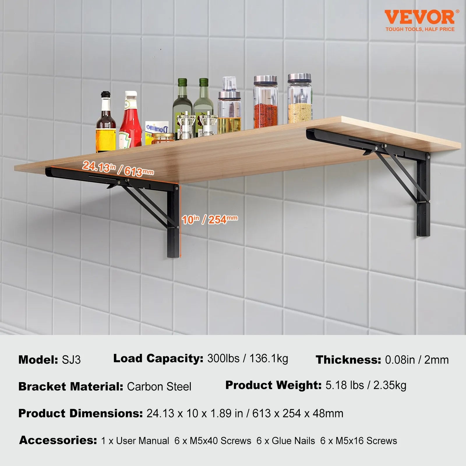 Vevor Folding Shelf Brackets 24" Heavy Duty 2pcs Floating 300 Lb Load Wall Mount