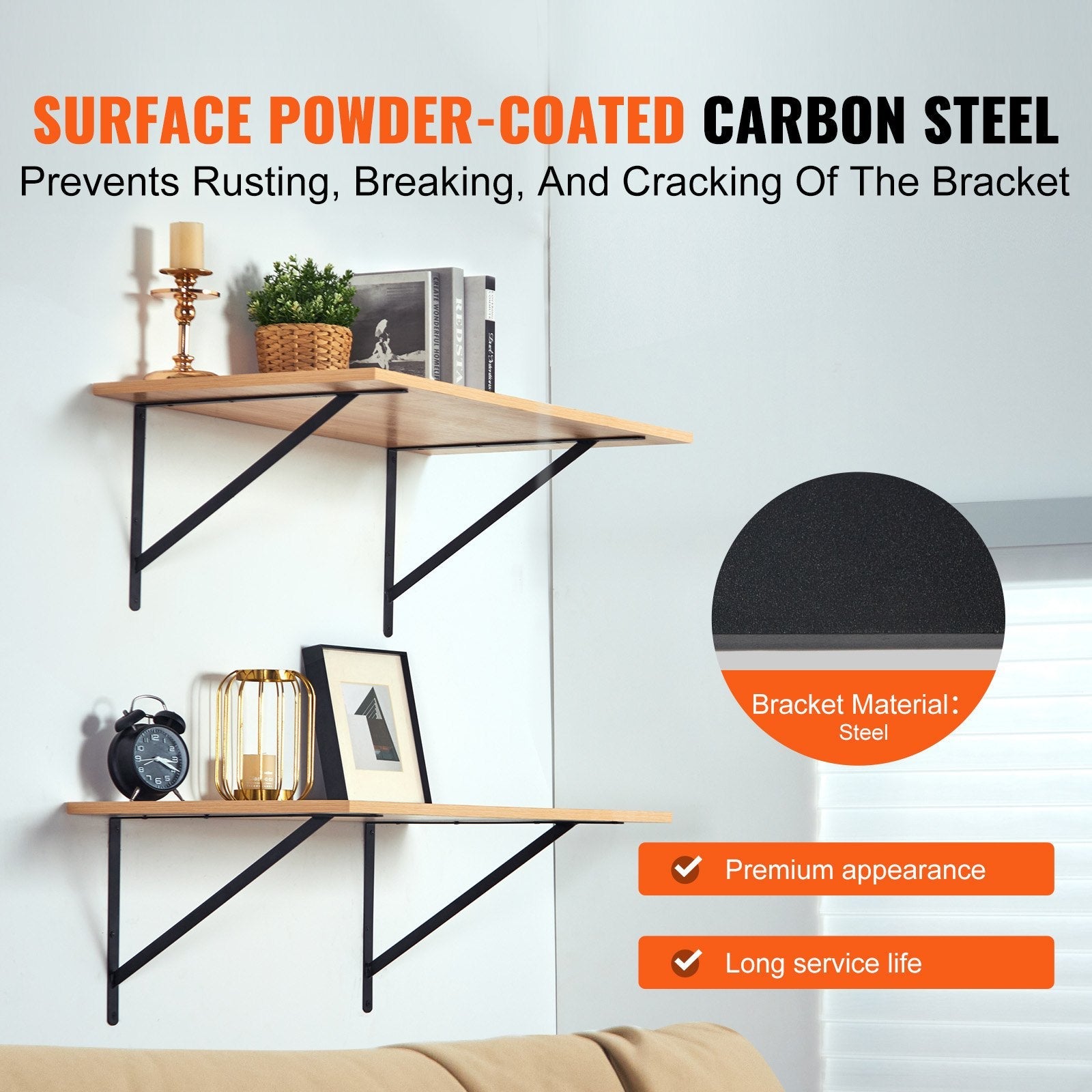 VEVOR Shelf Bracket, 12 x 8 in 10 Pcs, Heavy Duty Floating Shelf Brackets, Brackets for Shelves, 3mm Thick Matte Black Triangle Shelf Bracket,Steel Shelving Brackets with 160 lbs Load Capacity